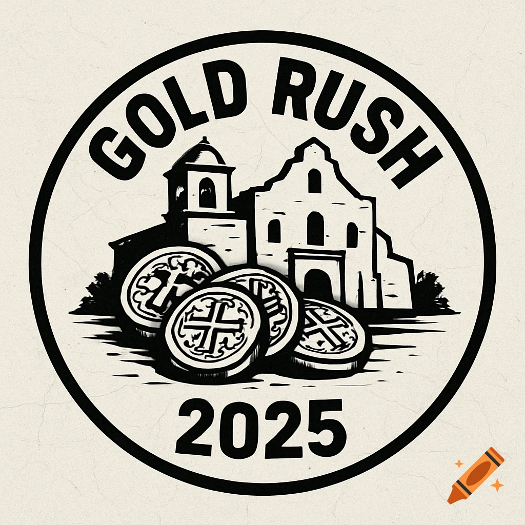Monochromatic circular event patch for 'Gold Rush 2025' with a Spanish mission building and pile of coins.