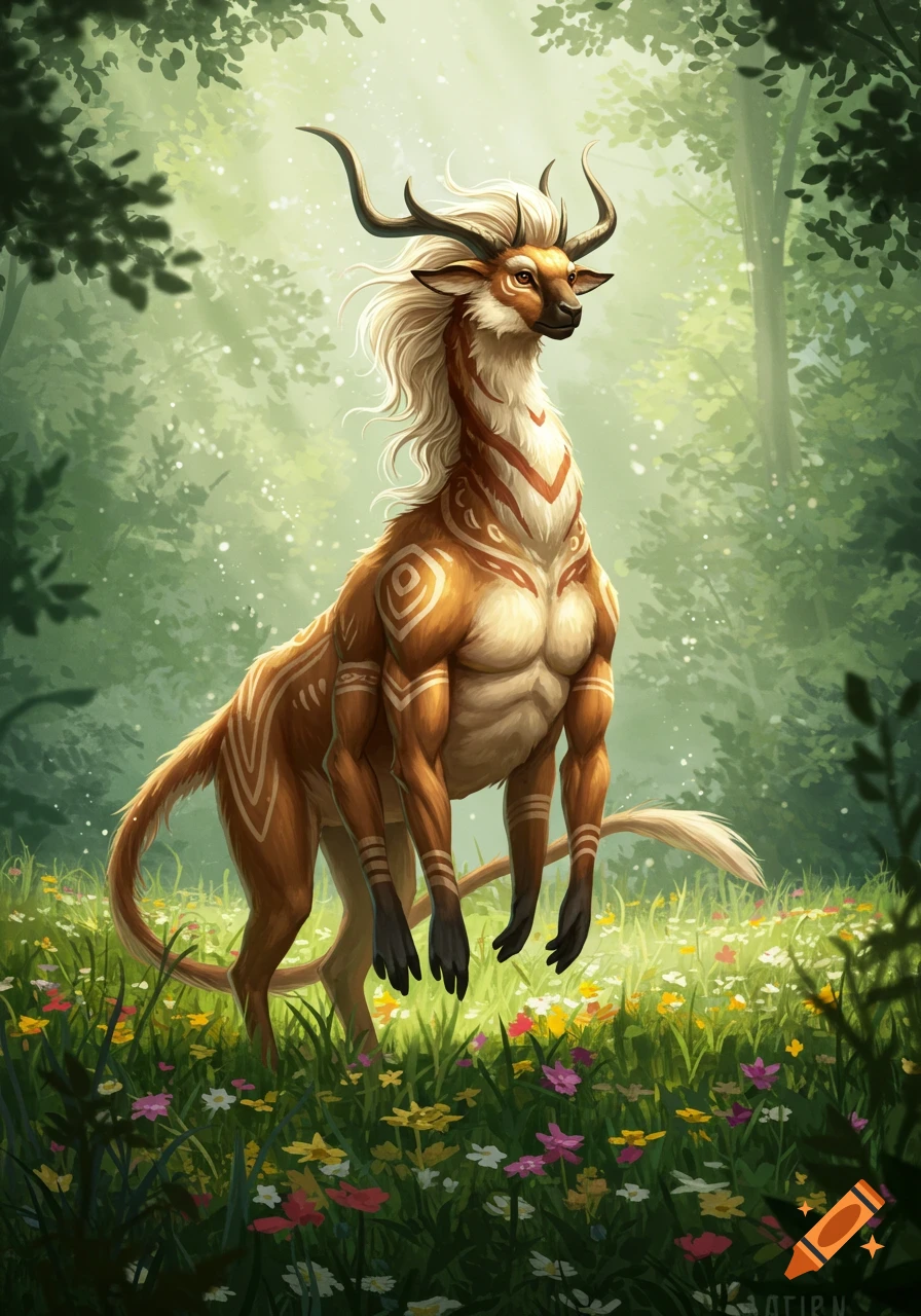 A majestic, muscular fantasy creature with a long neck, white mane, and horns stands in a sunny, flower-filled forest.
