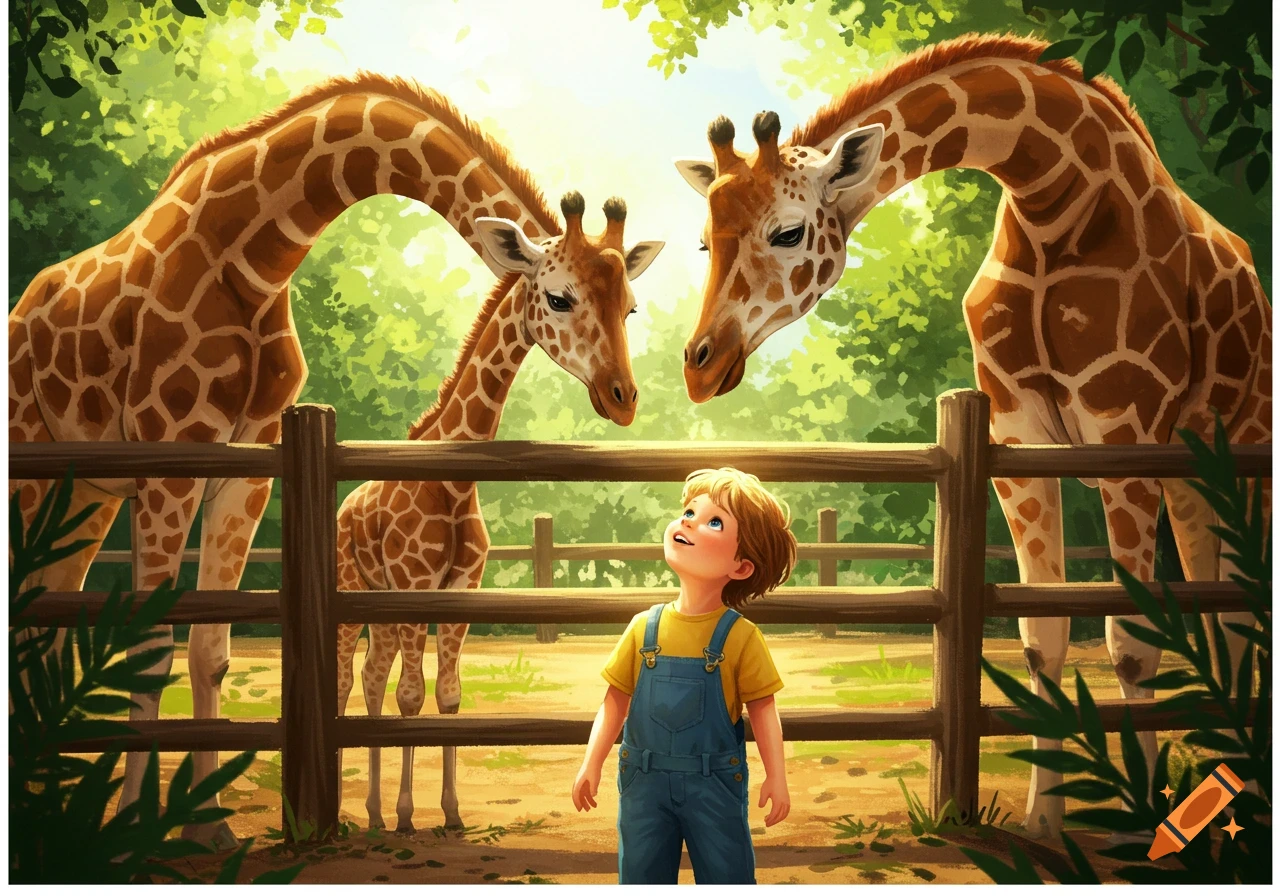 A young boy in blue overalls looks up at two giraffes leaning over a wooden fence at a zoo. Illustrated style.