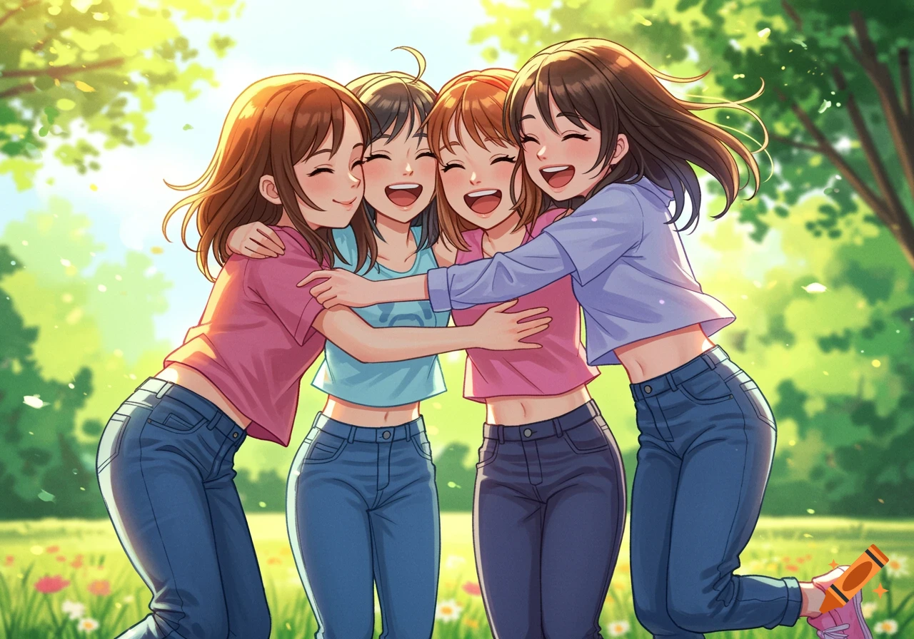 Four anime girls with brown hair hugging and laughing joyfully outdoors in a sunny park.