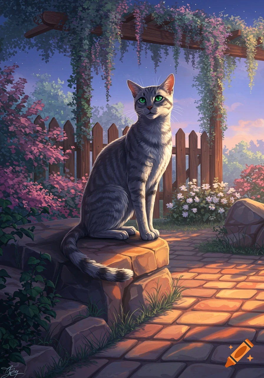 A grey tabby cat with green eyes sits on stone steps in a beautiful, colorful garden at sunset, illustrative style.