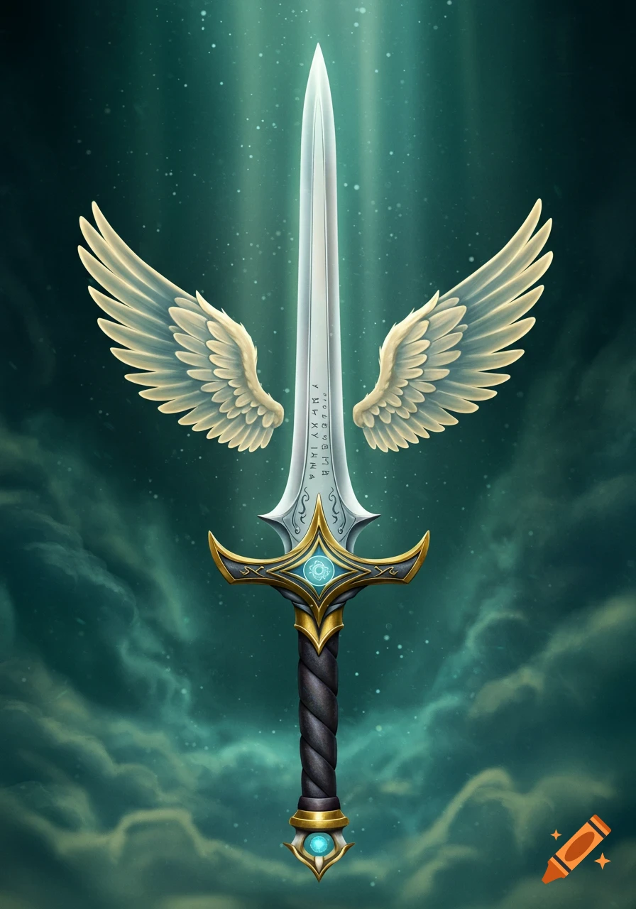 A gleaming fantasy sword with golden accents and outstretched wings, glowing against a dark teal, cloudy background.