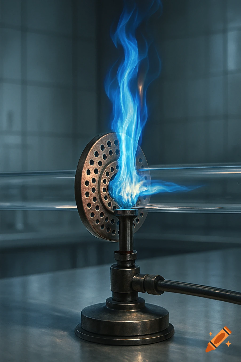 A photorealistic image of a bunsen burner with a bright blue flame contained within a horizontal glass tube in a science lab.