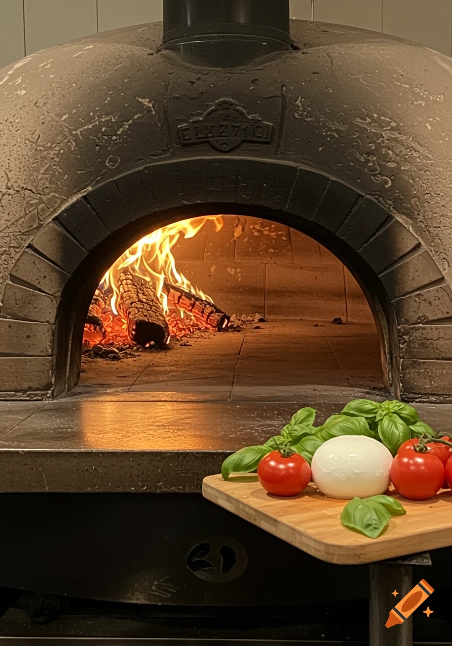 A photorealistic image of a lit wood-fired pizza oven with tomatoes, mozzarella, and basil on a cutting board in the foreground.