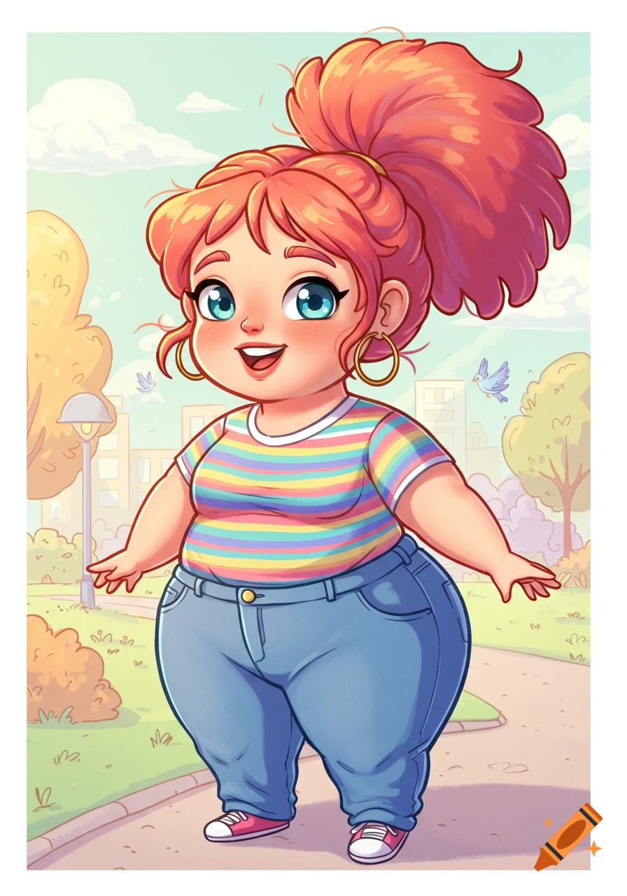 Cartoon woman with red hair in ponytail, rainbow shirt, and jeans, smiling in a sunny park.