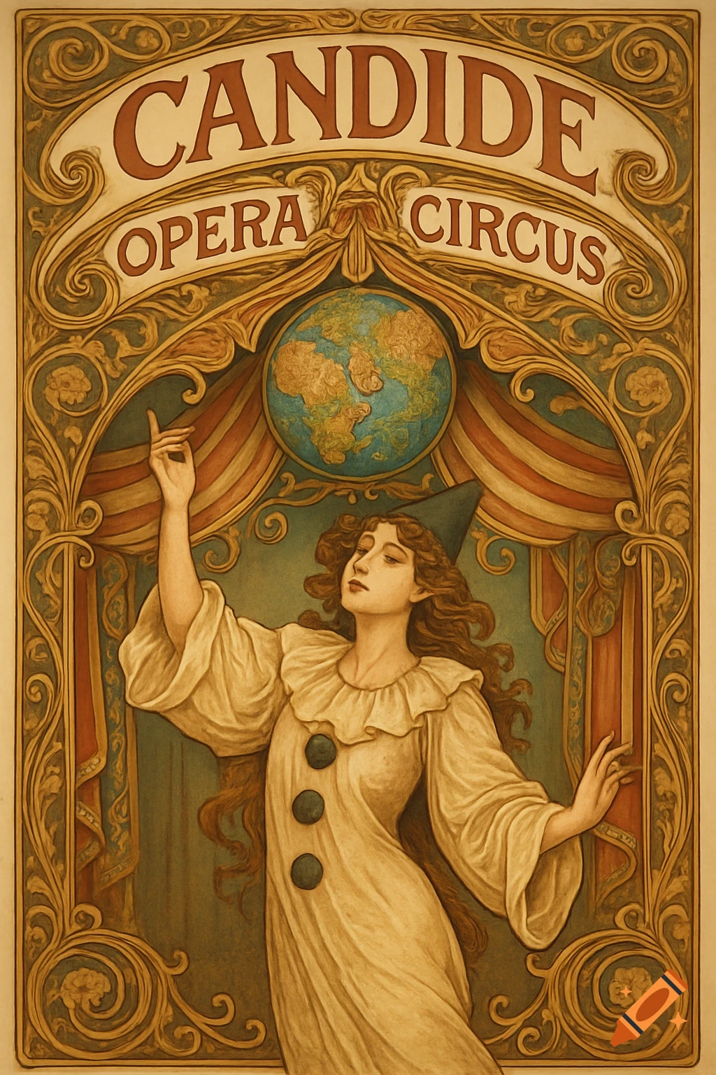 An Art Nouveau poster for 'Candide Opera Circus' featuring a woman in a clown costume pointing at a globe under decorative arches.