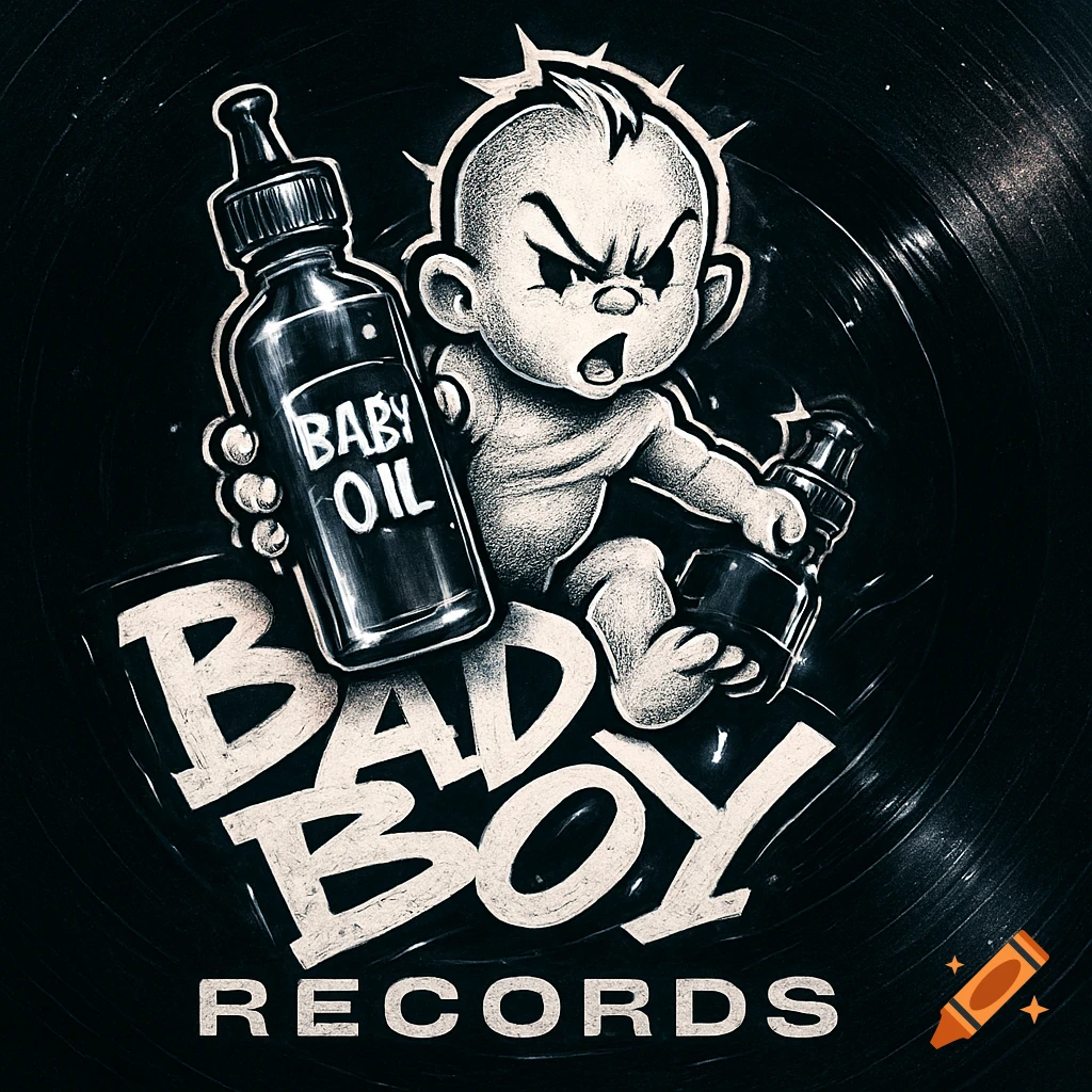 Black and white cartoon logo of an angry baby holding baby oil bottles, with "BAD BOY RECORDS" text on a vinyl background.