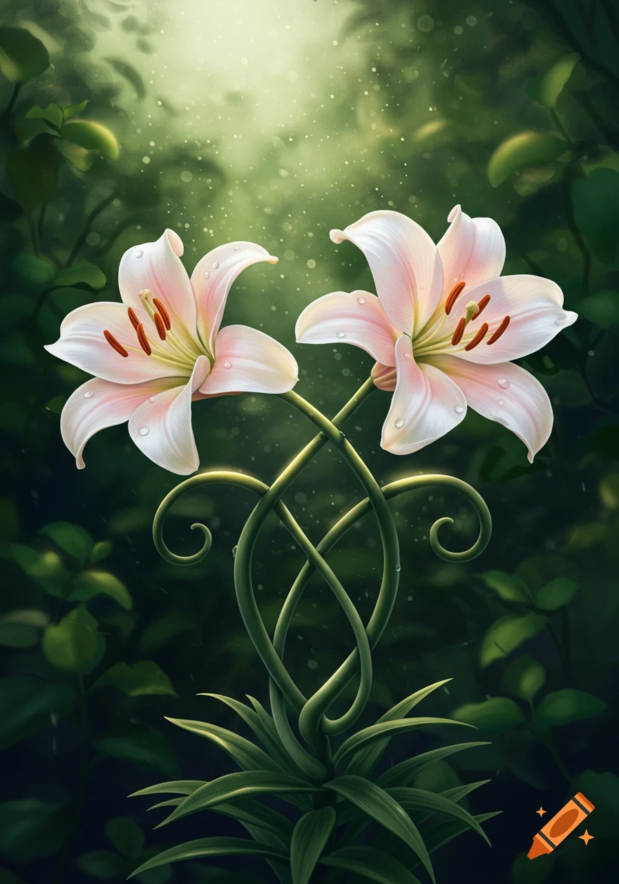 Two white and pink lilies with intertwined green stems in a dark forest with light particles and bokeh.