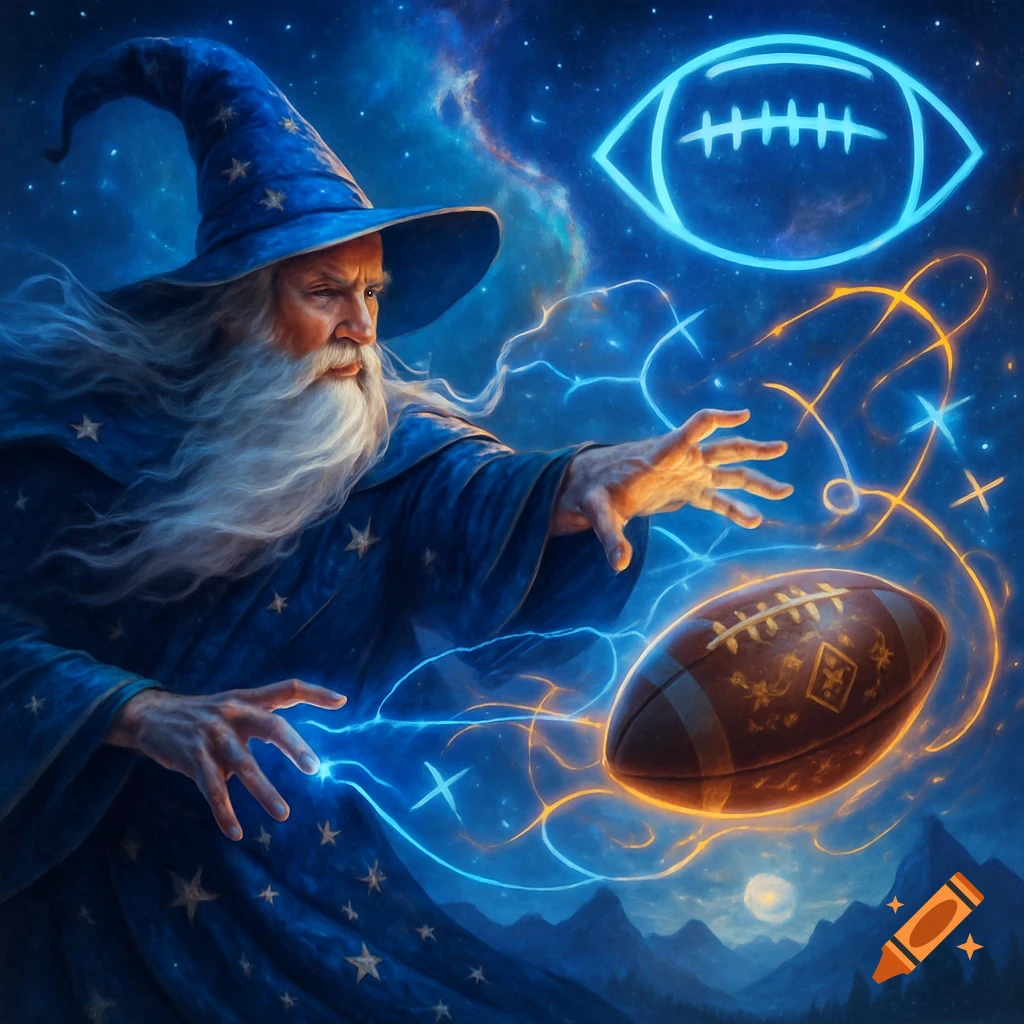 A wizard in blue robes uses magic to throw an American football under a starry cosmic sky, digital art.