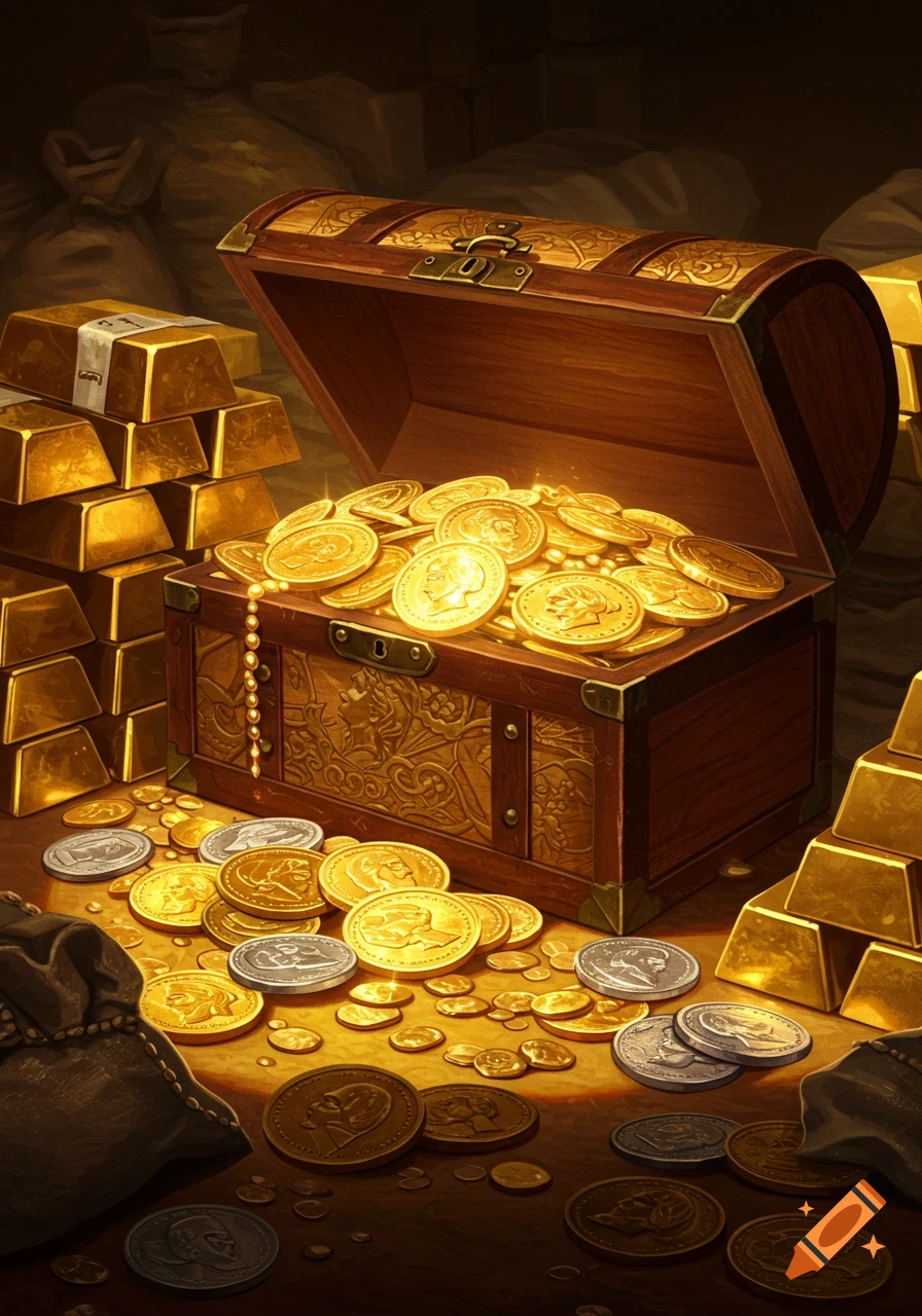A wooden treasure chest overflowing with glowing gold coins, surrounded by stacks of gold bars, silver coins, and burlap bags in a dark setting.