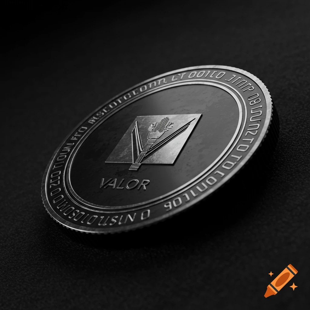 A close-up, angled shot of a black and silver coin with "VALOR" embossed on it, on a dark background.
