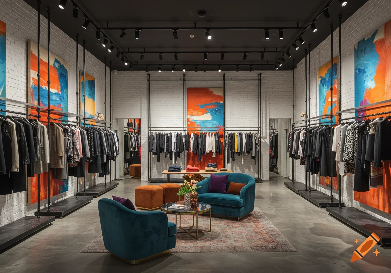 Modern clothing store with black ceilings, white brick walls, concrete floor, and black racks displaying clothes. Teal sofas, orange ottomans, and colorful abstract art decorate the space.