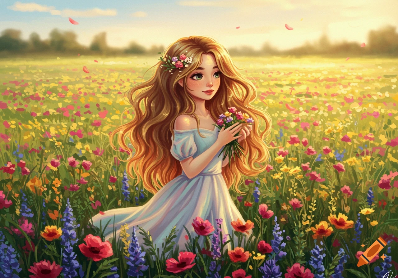 A cute animated girl with long wavy hair and a flower crown stands in a colorful wildflower field, holding a bouquet.