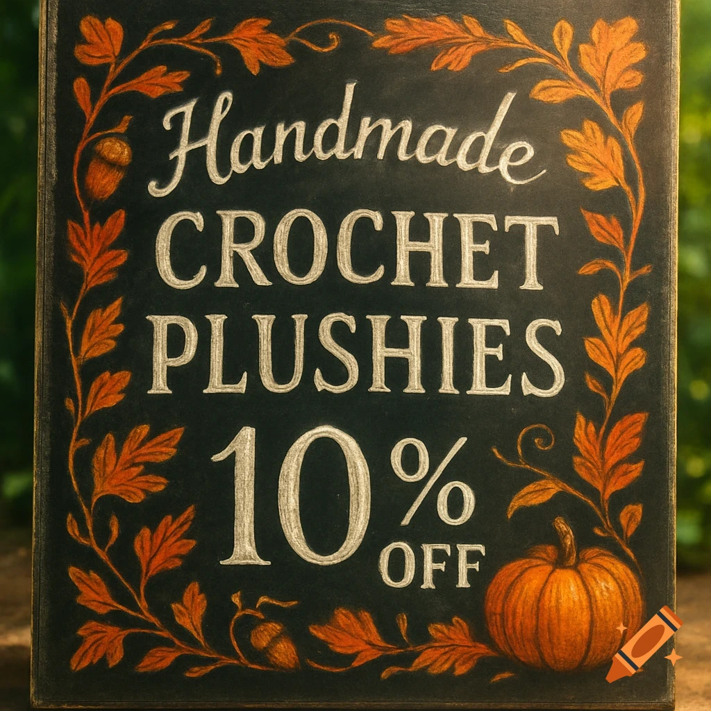 A hand-drawn blackboard sign with autumn leaves and a pumpkin, advertising 'Handmade Crochet Plushies 10% Off'.