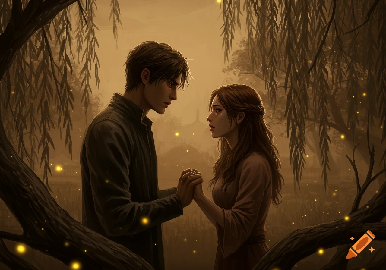 A man and woman hold hands under weeping willow trees with glowing fireflies in a melancholic fantasy scene.