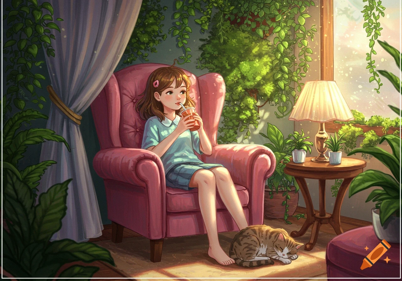 A relaxed anime girl sips a drink in a pink armchair in a cozy room filled with lush plants, while a tabby cat sleeps on the floor.