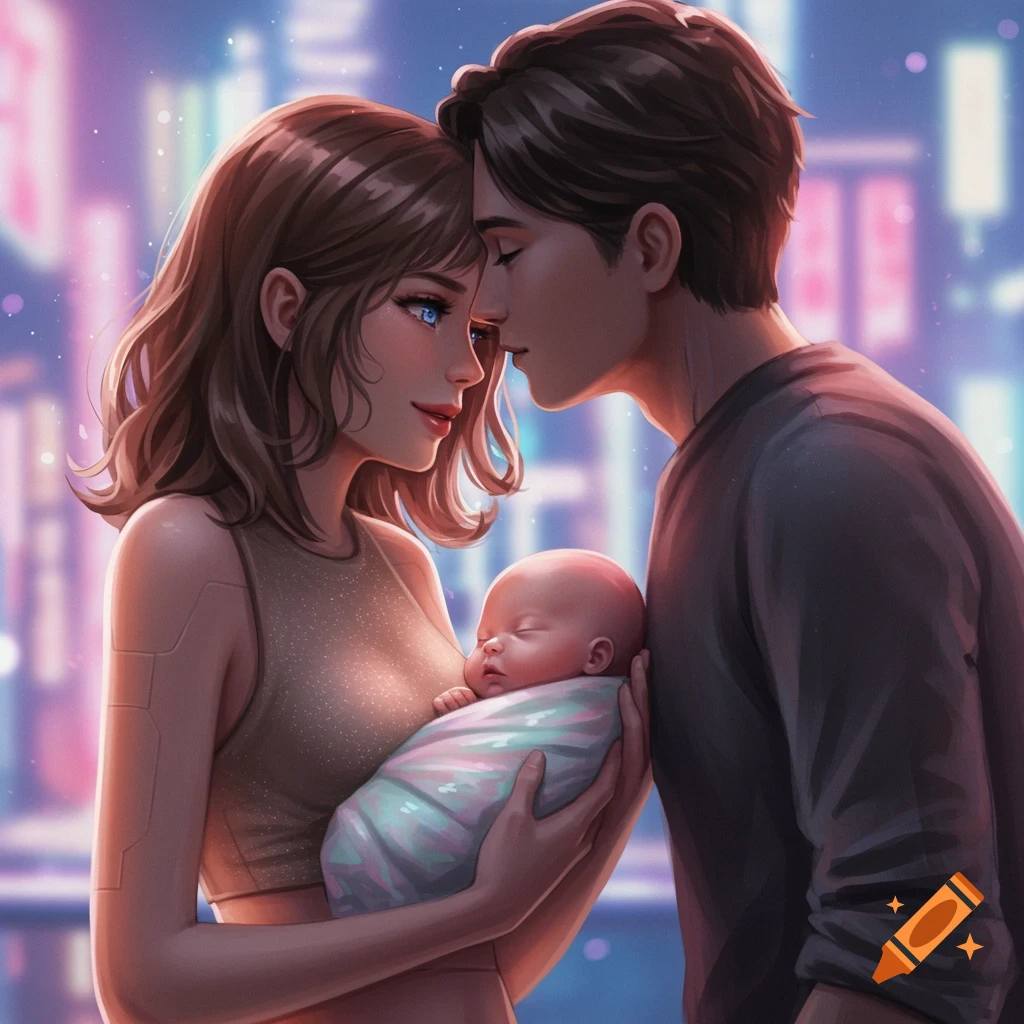 A young couple and their baby in a digital art style. The mother holds the baby while the father leans in, with a blurred cityscape in the background.
