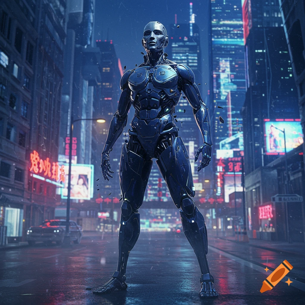 A photorealistic metallic blue robot stands in the middle of a rainy cyberpunk city street at night, surrounded by glowing neon signs and tall buildings.