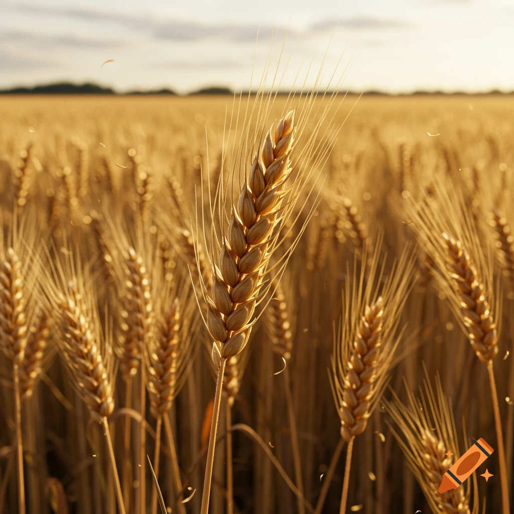 Close-up of golden wheat stalks in a field at sunset, with a bright sky in the background.