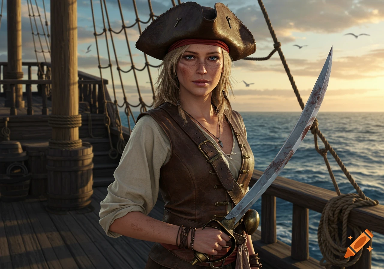 Photorealistic image of a female pirate with dirty blonde hair and blue eyes, holding a cutlass on a ship deck at sunset.
