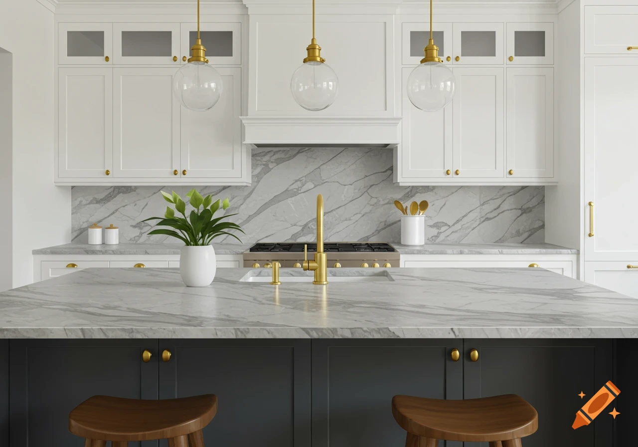 A modern kitchen with white cabinets, gray marble countertops, and brass hardware, featuring a dark kitchen island with two wooden bar stools.
