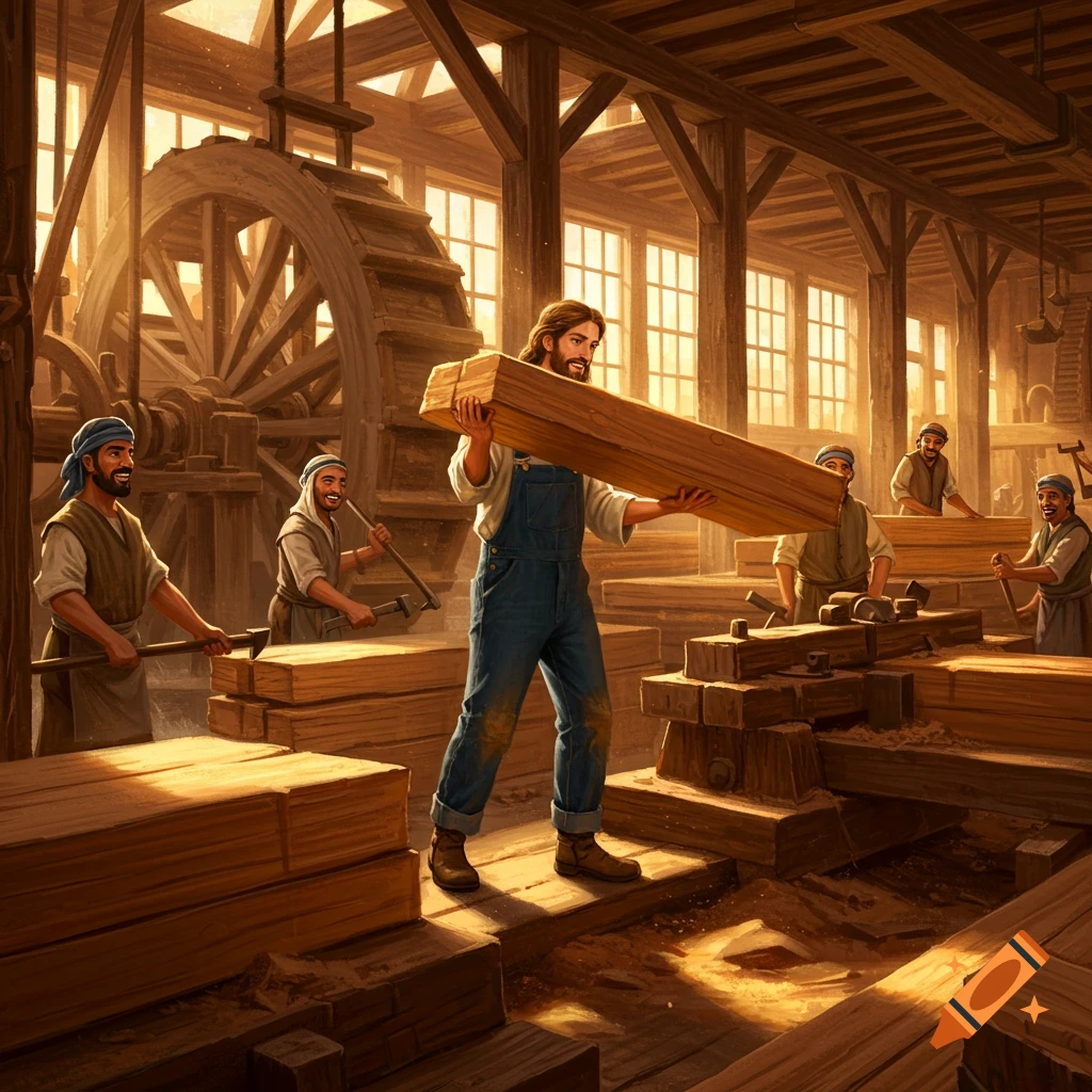 Jesus and workers in an illustrative style sawmill, carrying lumber with a large water wheel in the background.