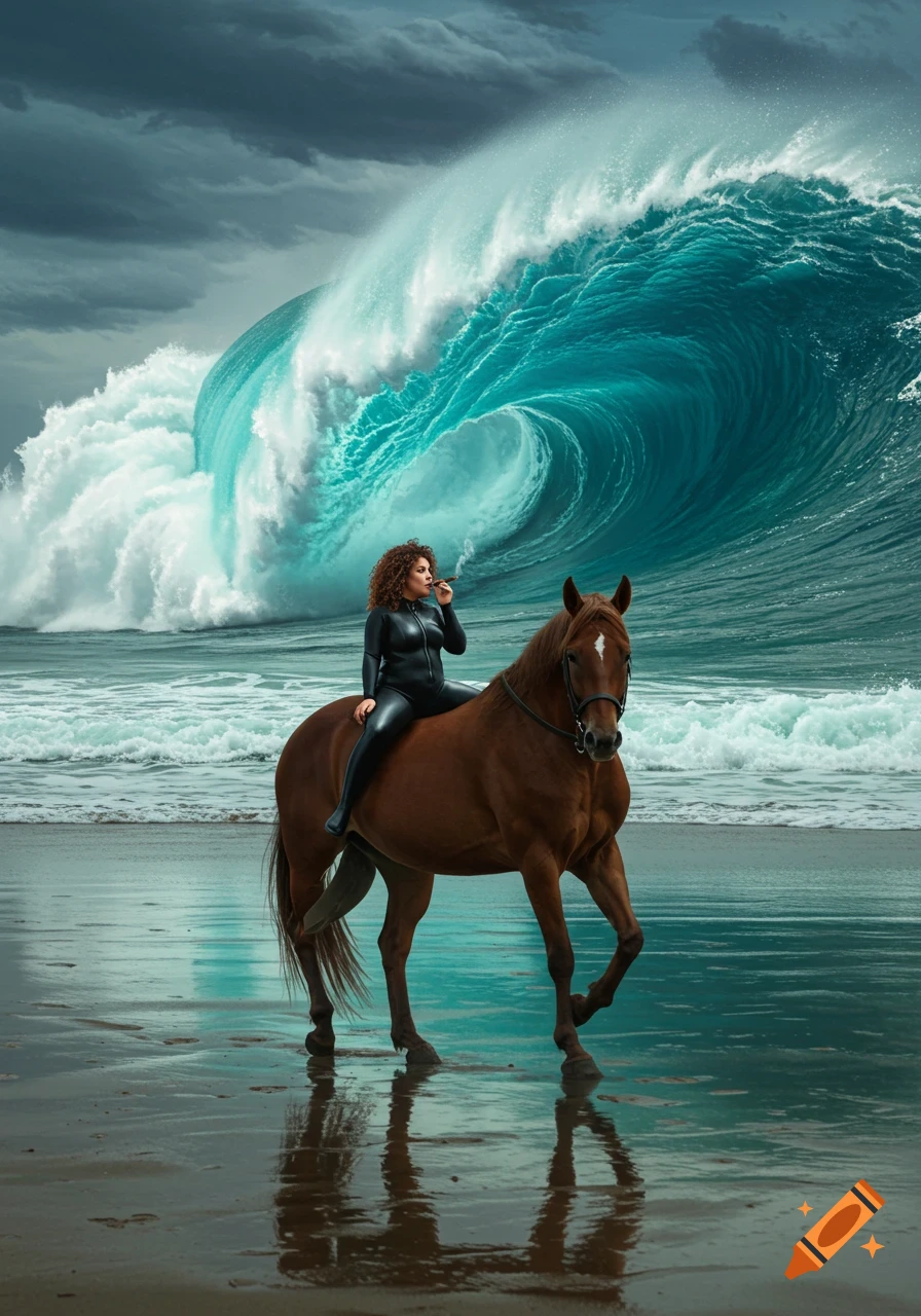 A woman in a black wetsuit rides a brown horse on a beach, with a massive blue ocean wave towering behind them under a stormy sky.