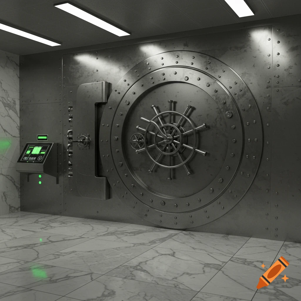 A photorealistic image of a large, metallic bank vault door with a complex lock, set in a room with marble walls and floor.