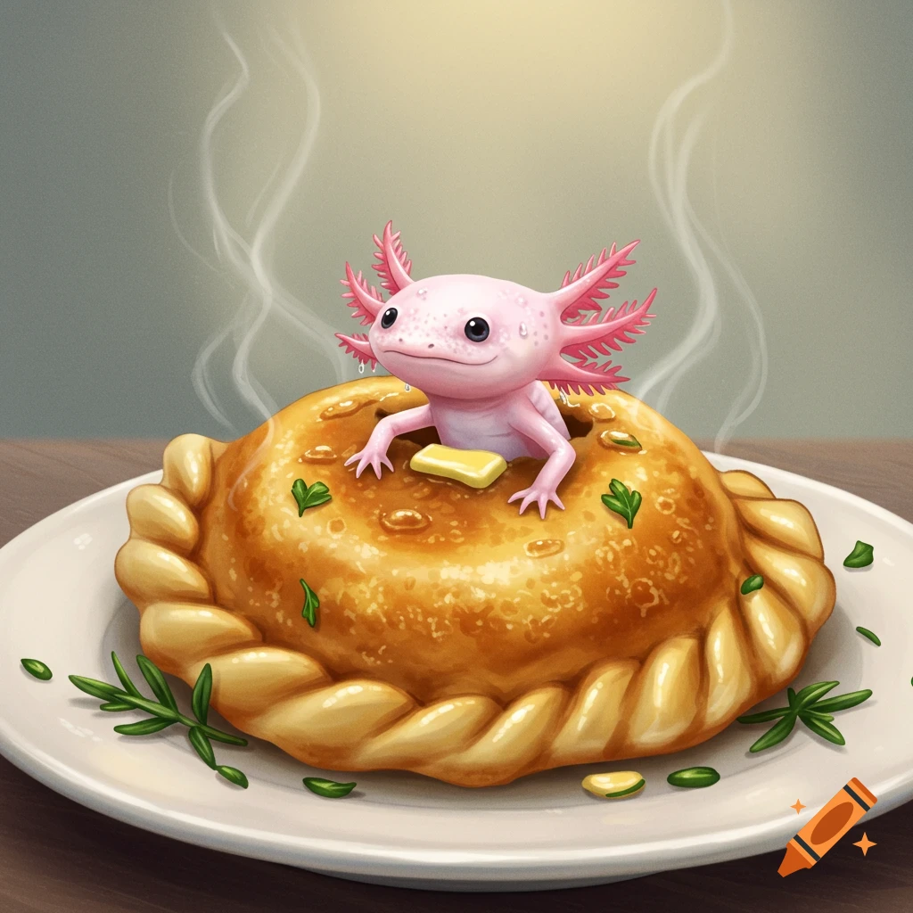 A cute, pink axolotl emerging from a steaming golden brown empanada with a pat of butter on a white plate.