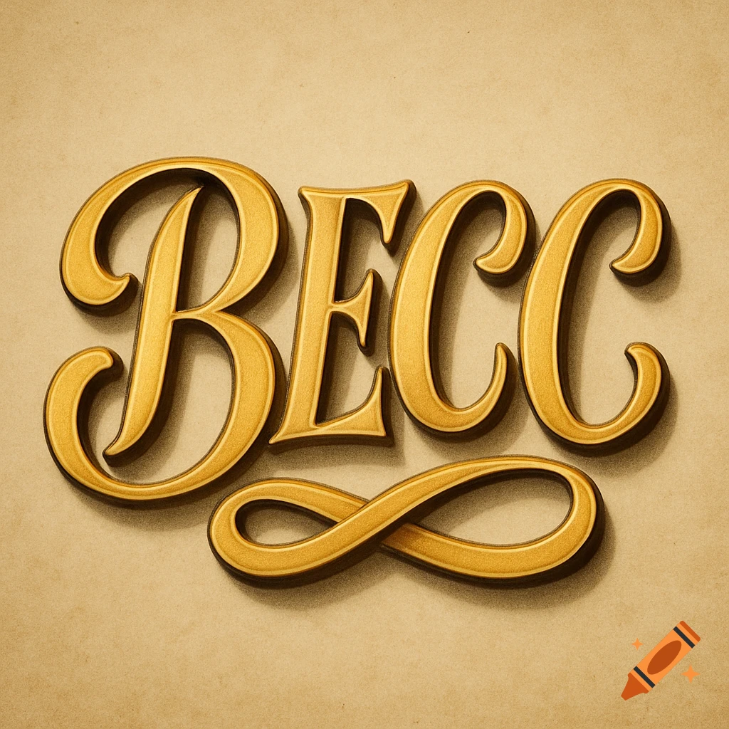 Golden, ornate 3D letters 'BECC' with swirled elements on a textured beige background.