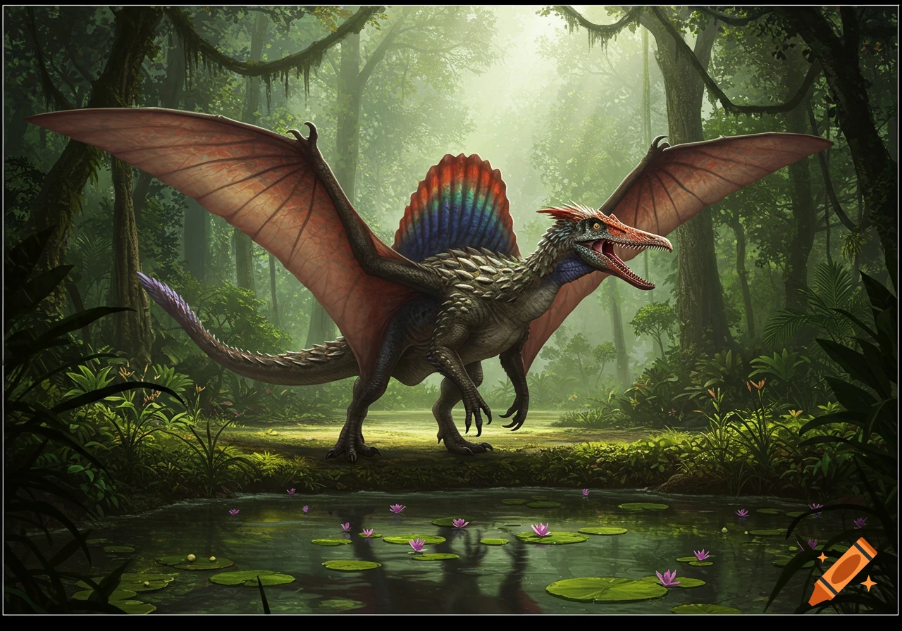 A winged dinosaur with a colorful frill stands next to a pond in a lush, misty jungle.