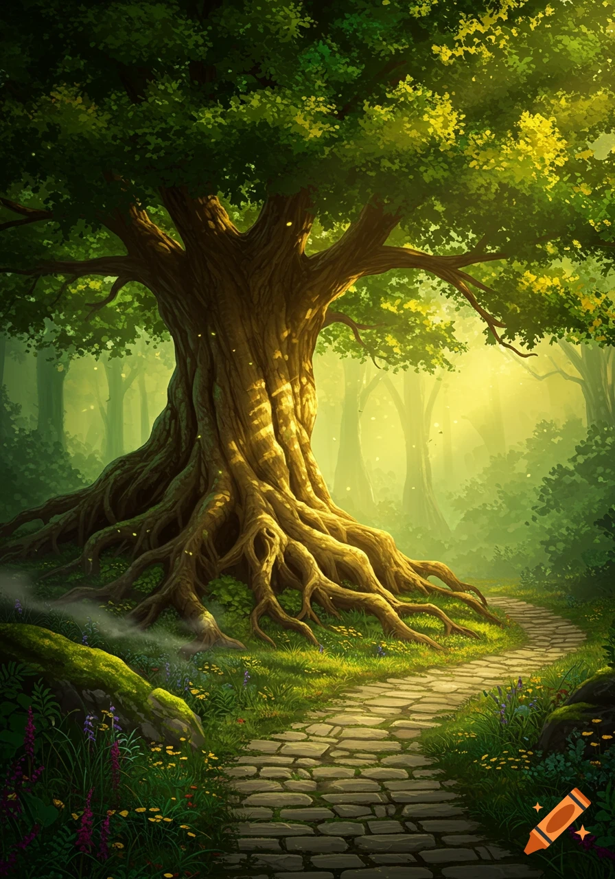 A cobblestone path winds through a mystical, sun-dappled forest, leading towards a colossal, ancient tree with sprawling roots.