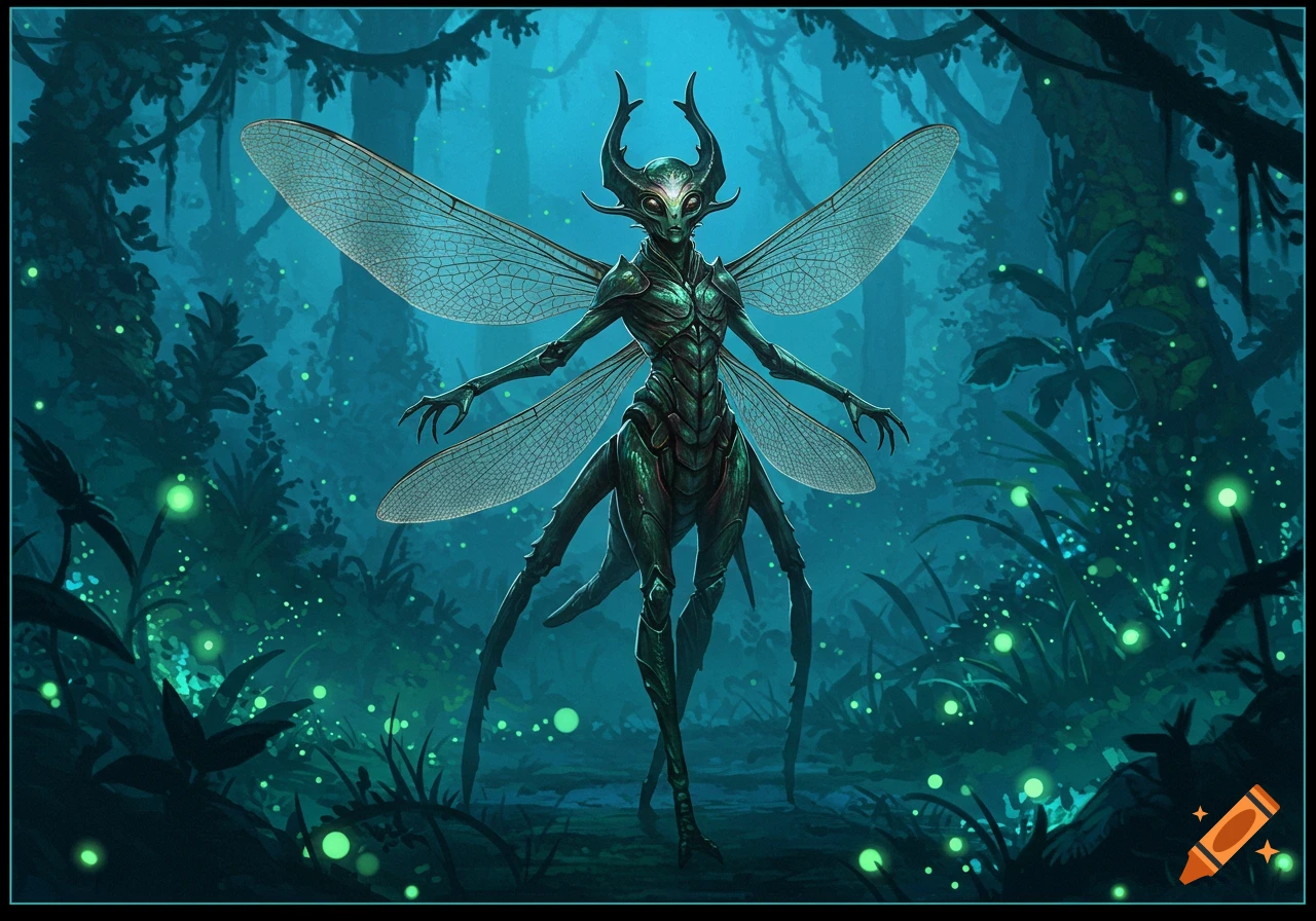 A detailed dark green insectoid alien with large transparent wings and multiple limbs stands in a luminous blue-green forest.