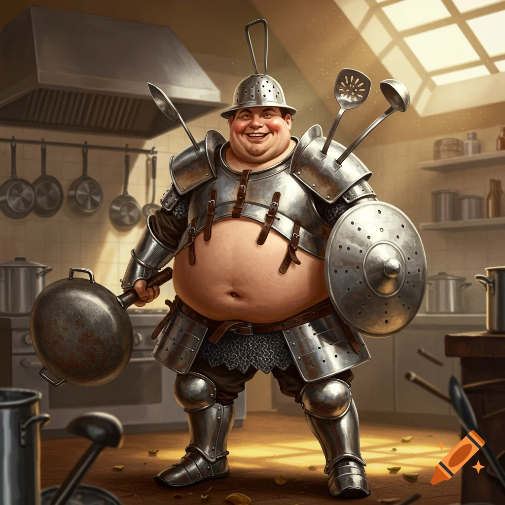A portly man in armor made of kitchen utensils, including a colander helmet and wok shield, smiles in a kitchen.