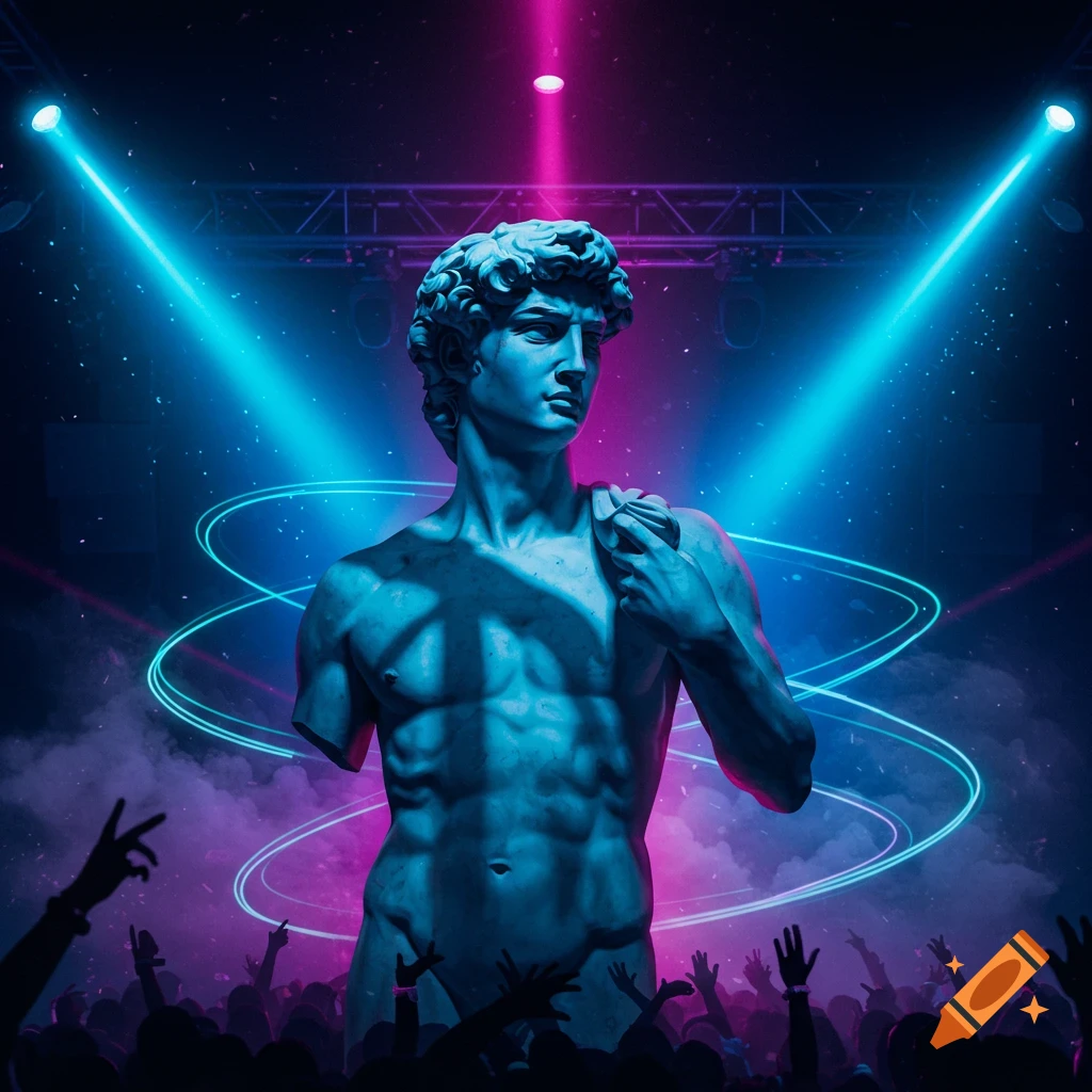 Michelangelo's David statue at a neon-lit rave with blue and pink lights, surrounded by a silhouetted crowd.