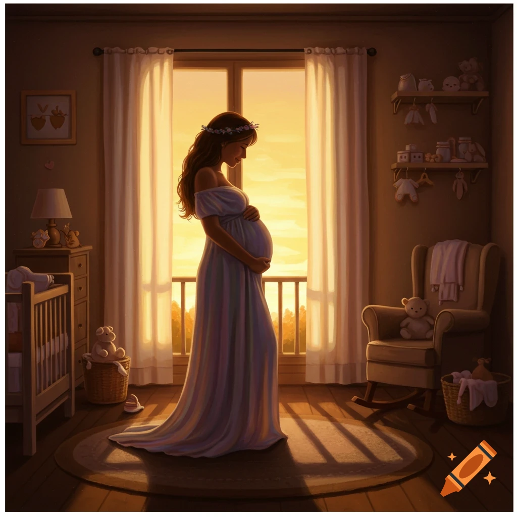 An illustration of a pregnant woman standing in a nursery room, silhouetted against a golden sunset visible through a large window.