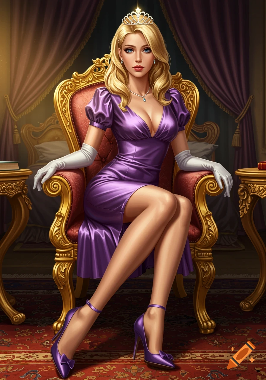 An illustrated portrait of a blonde woman with a tiara and purple dress sitting on a golden chair in a regal room.
