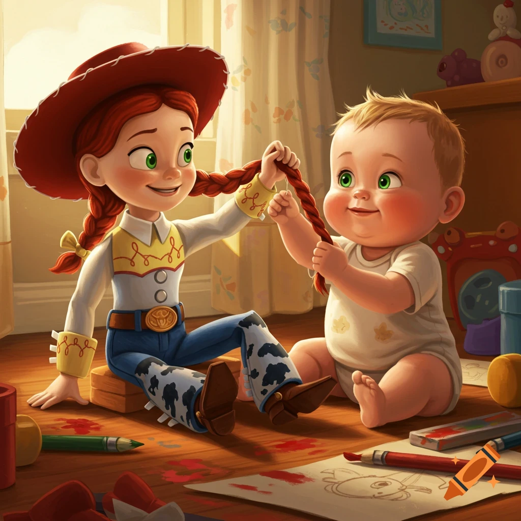 Jessie from Toy Story sitting on a floor with a baby, who is holding her braided pigtail. Drawing supplies are on the floor.