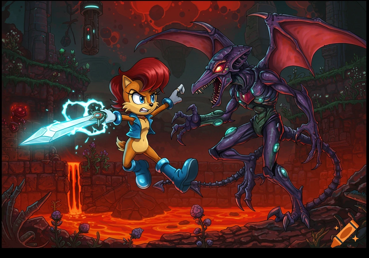 Cartoon style image of Sally Acorn from Sonic the Hedgehog attacking Ridley from Metroid with a glowing sword in a lava-filled cavern.
