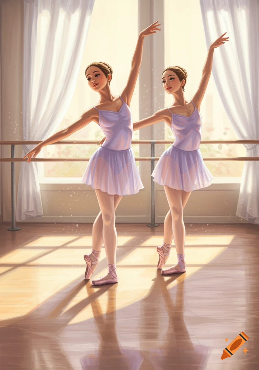Two ballerinas in light purple leotards practicing at a barre in a bright, sunlit studio.