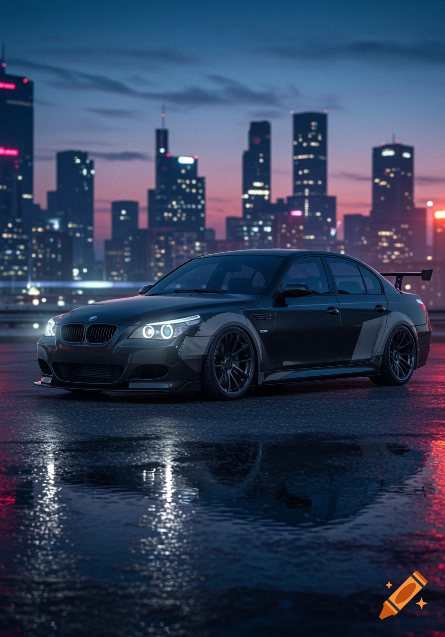 A black BMW E60 with wide body kit and primer grey fender flares is parked on a wet street at dusk, reflecting the neon lights of a city skyline in the background. Photorealistic style.