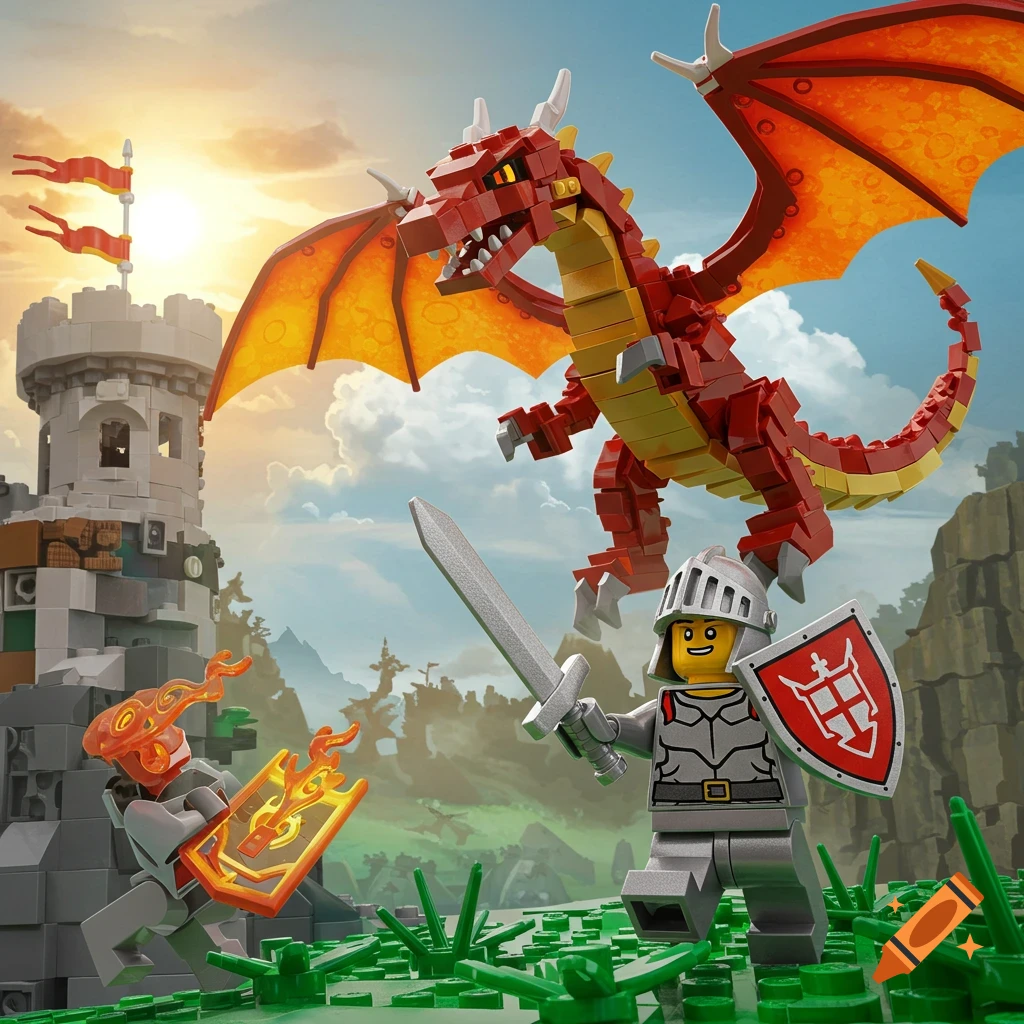A detailed Lego scene of a knight with a sword and shield facing a red dragon flying near a castle at sunset.