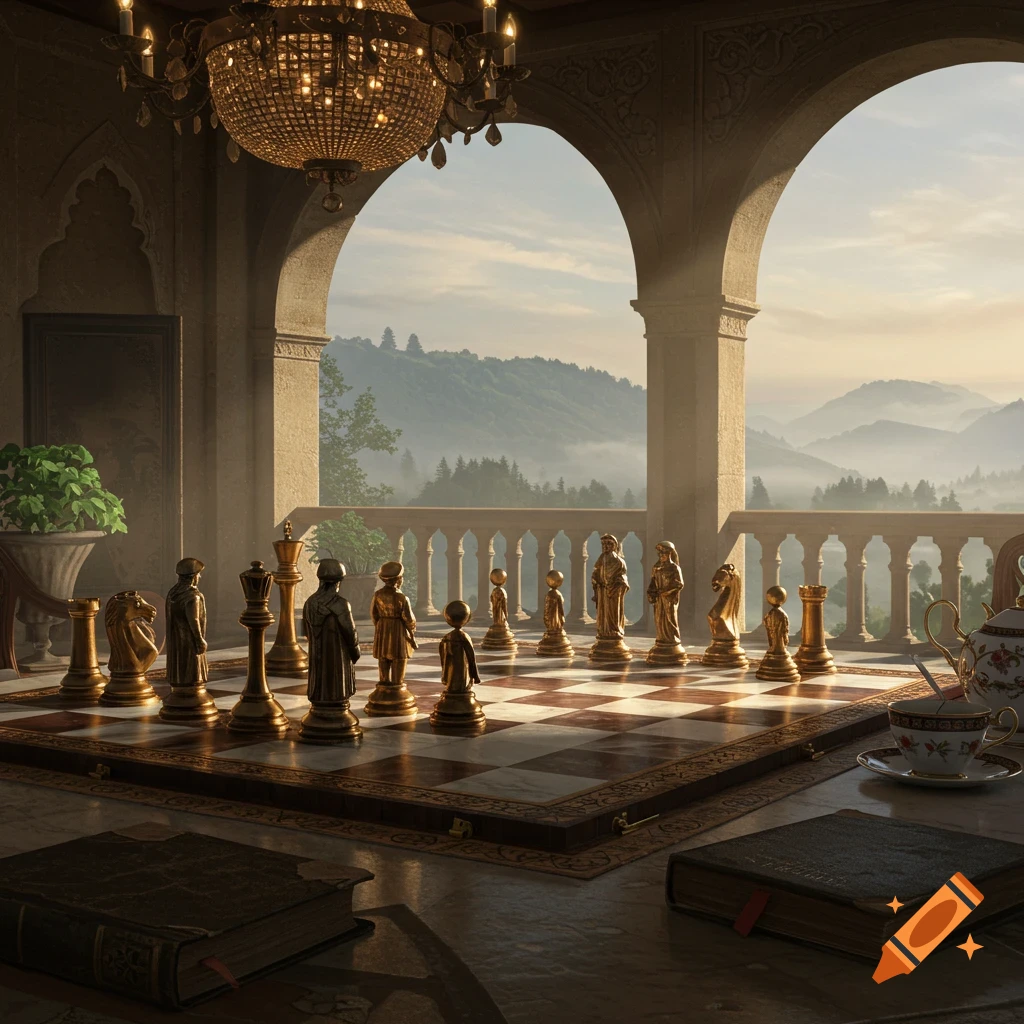 A grand chessboard with golden pieces on a balcony overlooking misty mountains at sunrise, with a chandelier and books.