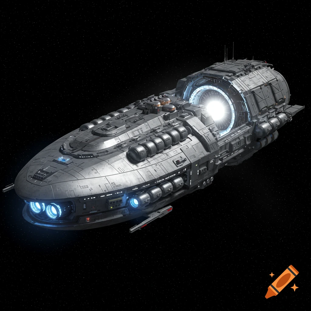 A photorealistic detailed spaceship with glowing blue thrusters and a bright reactor in deep space with stars.