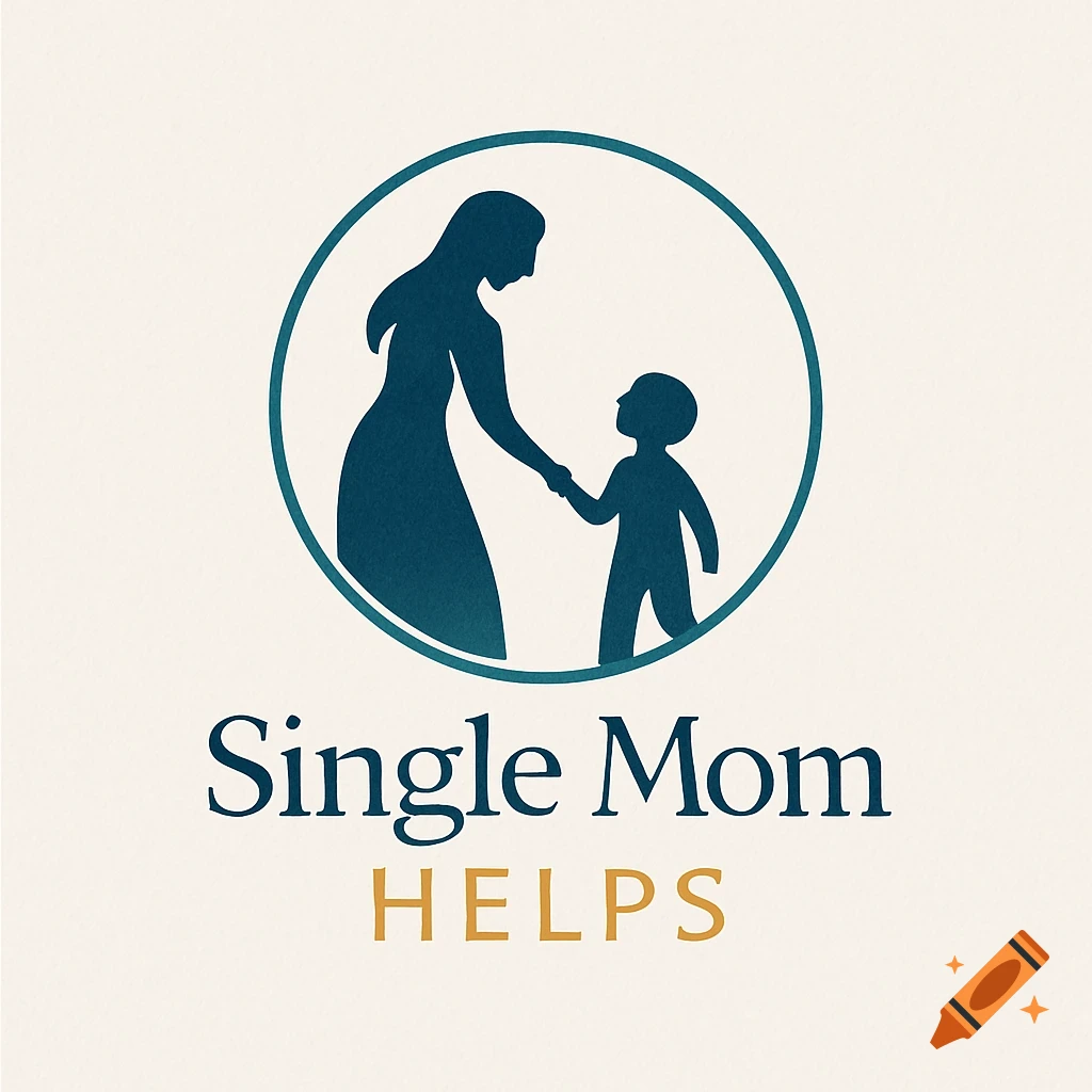 A minimalist logo featuring a blue silhouette of a mother and child holding hands within a circle, with the text 'Single Mom HELPS' below.