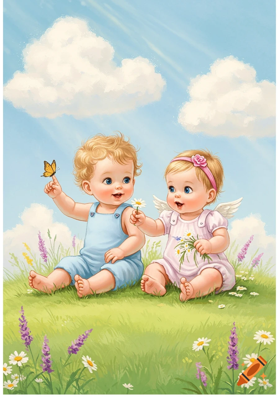 An illustration of a baby boy and a baby girl sitting in a green field with flowers and a blue sky. The boy holds a butterfly, and the girl holds a bouquet of daisies.