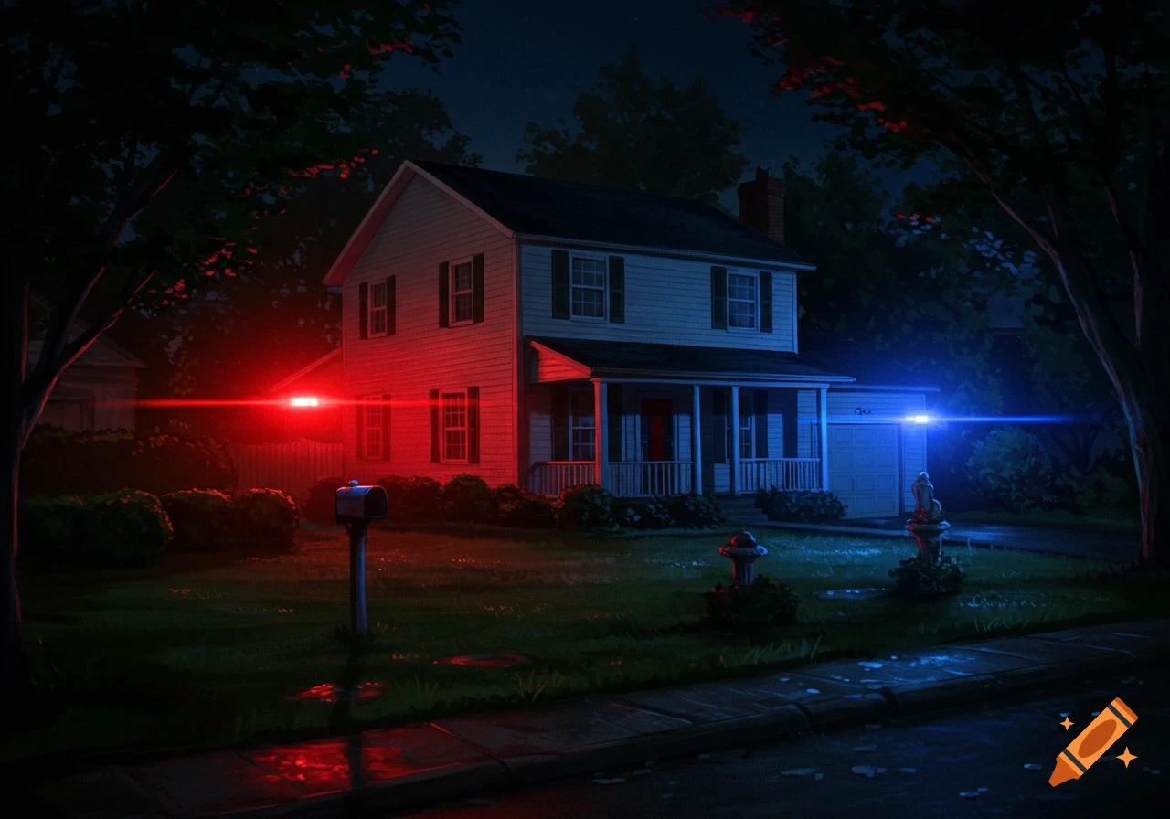 A suburban house at night illuminated by flashing red and blue police lights.