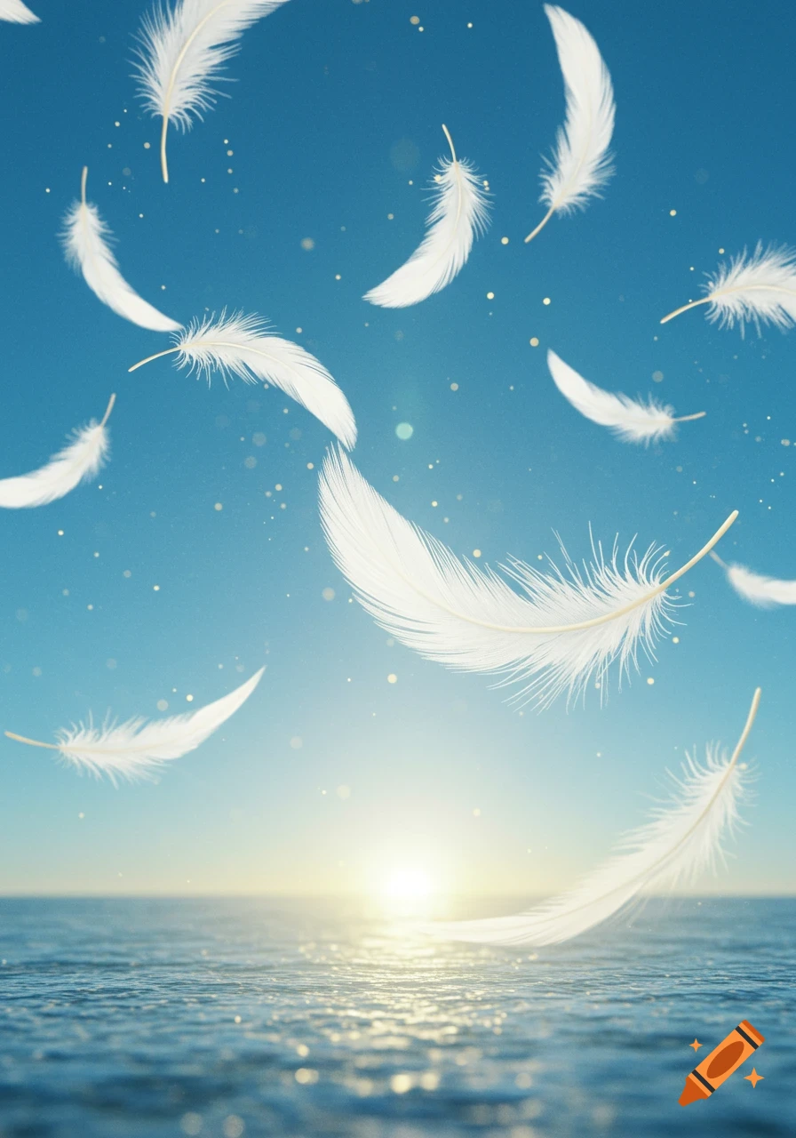 White feathers gently fall towards a calm ocean surface under a clear blue sky with a bright sun on the horizon.