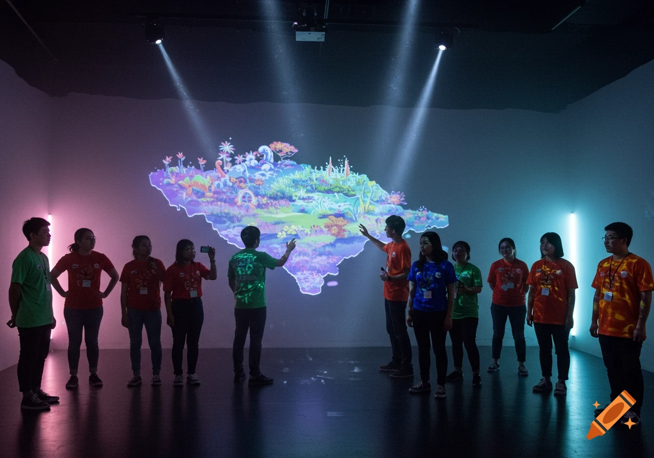 A group of volunteers stands in a dimly lit room around a vibrant projected island map on a wall, illuminated by spotlights.