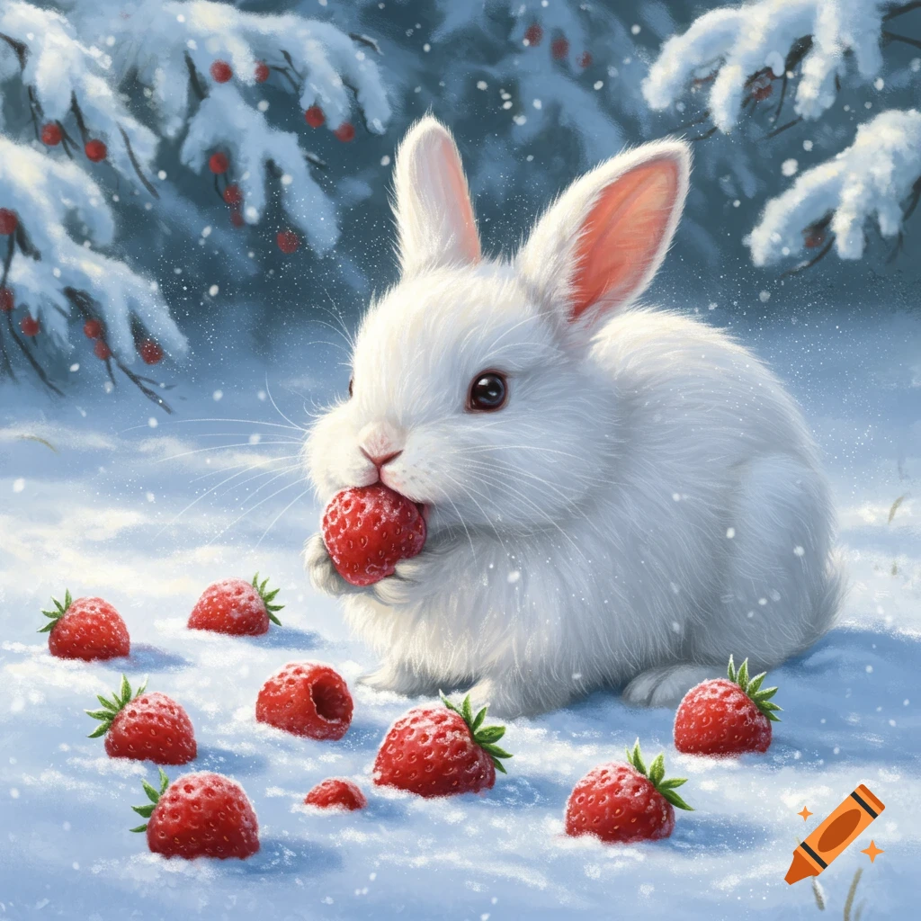 A white bunny eats a red strawberry in a snowy forest, surrounded by other strawberries. Photorealistic illustration with falling snow.
